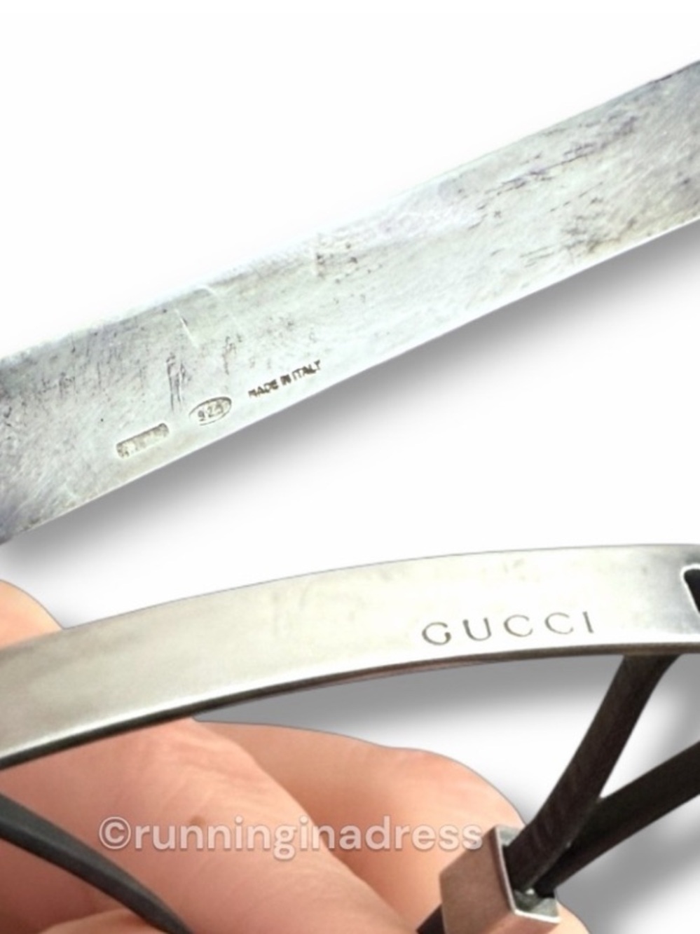 Authentic Y2K Gucci Sterling & Leather Silver Logo Bar Choker Wrap Bracelet - Picture 7 of 12